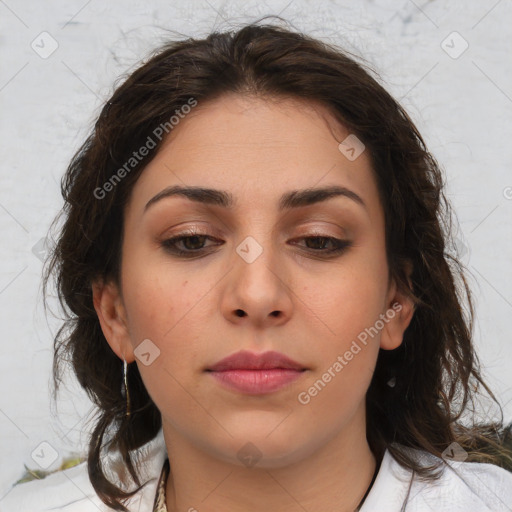 Neutral white young-adult female with medium  brown hair and brown eyes