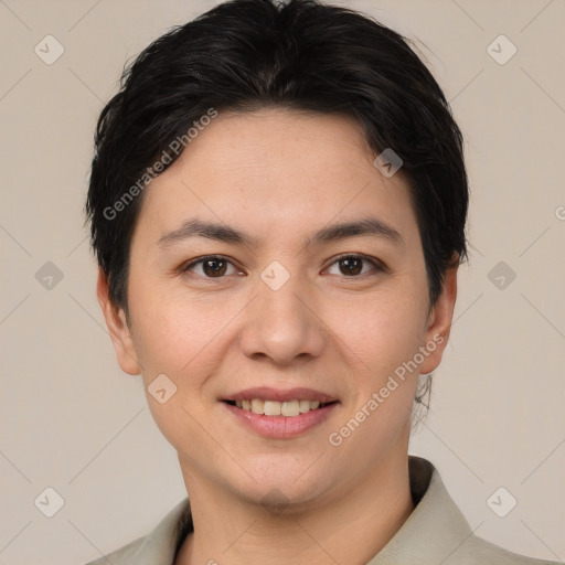 Joyful white young-adult female with short  brown hair and brown eyes