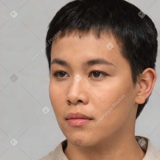 Neutral asian young-adult male with short  black hair and brown eyes