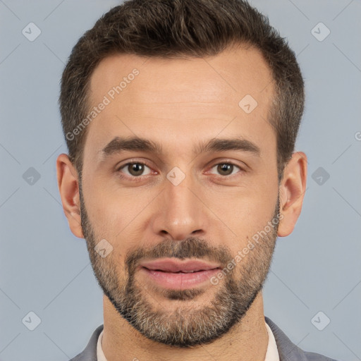 Joyful white young-adult male with short  brown hair and brown eyes