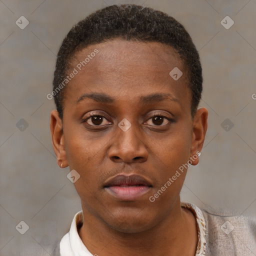 Neutral black young-adult female with short  brown hair and brown eyes