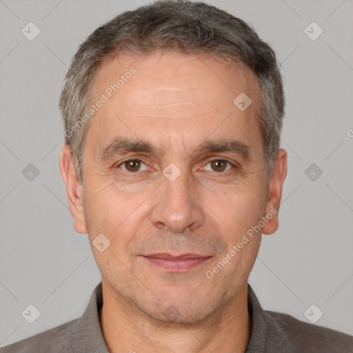 Neutral white adult male with short  brown hair and brown eyes