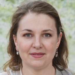 Joyful white adult female with medium  brown hair and grey eyes