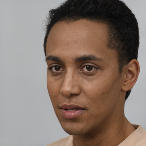 Neutral black young-adult male with short  black hair and brown eyes