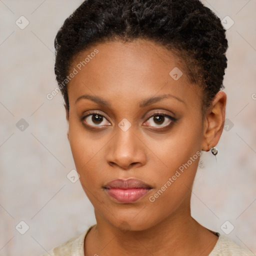 Neutral black young-adult female with short  brown hair and brown eyes