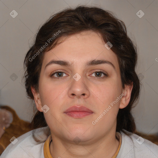 Neutral white young-adult female with medium  brown hair and brown eyes