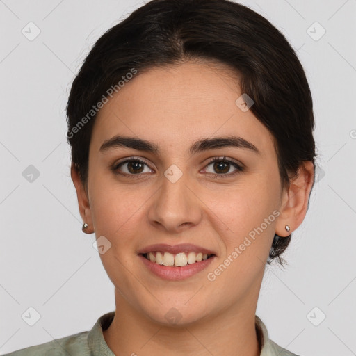 Joyful white young-adult female with medium  brown hair and brown eyes