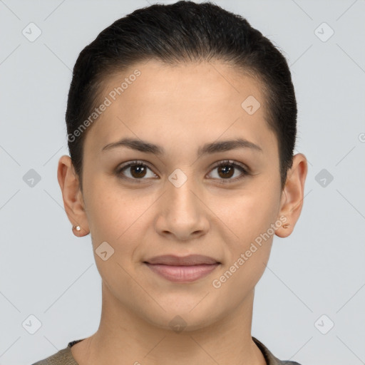 Joyful white young-adult female with short  brown hair and brown eyes