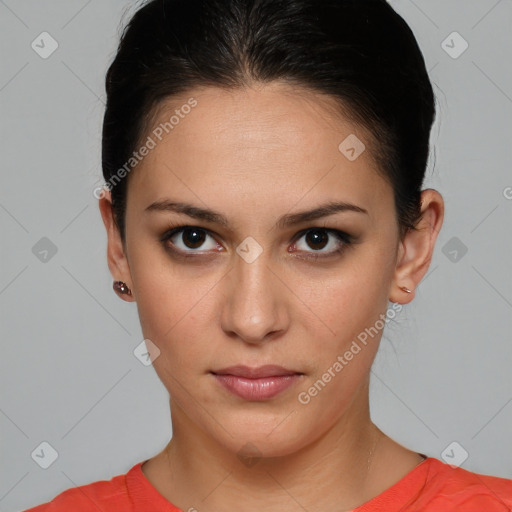 Neutral white young-adult female with short  brown hair and brown eyes