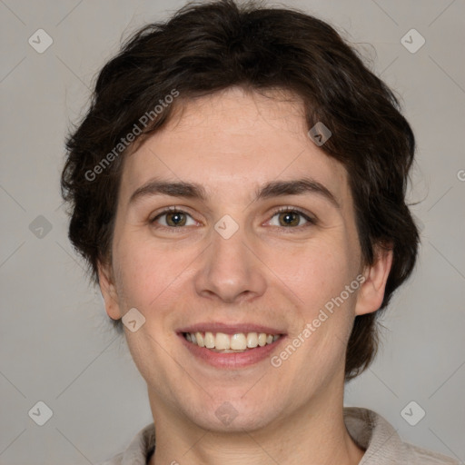 Joyful white young-adult male with medium  brown hair and brown eyes