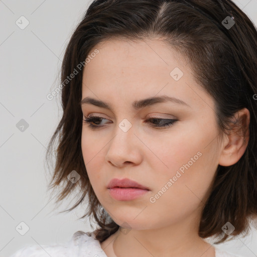 Neutral white young-adult female with medium  brown hair and brown eyes