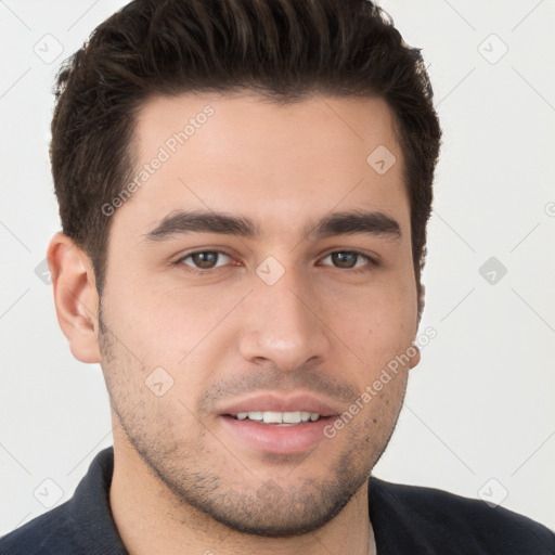 Joyful white young-adult male with short  brown hair and brown eyes