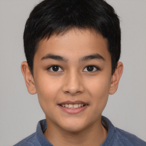 Joyful asian child male with short  brown hair and brown eyes