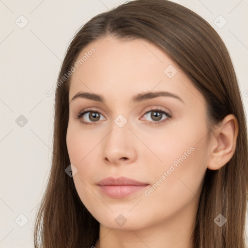 Neutral white young-adult female with long  brown hair and brown eyes