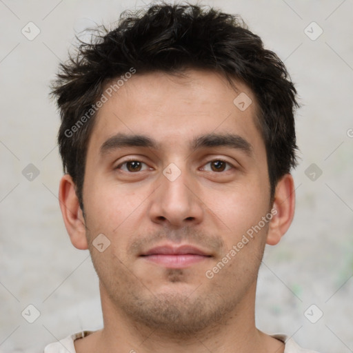 Neutral white young-adult male with short  brown hair and brown eyes