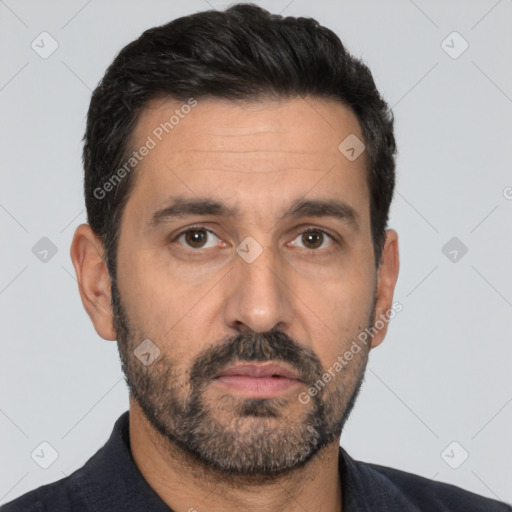 Neutral white adult male with short  black hair and brown eyes