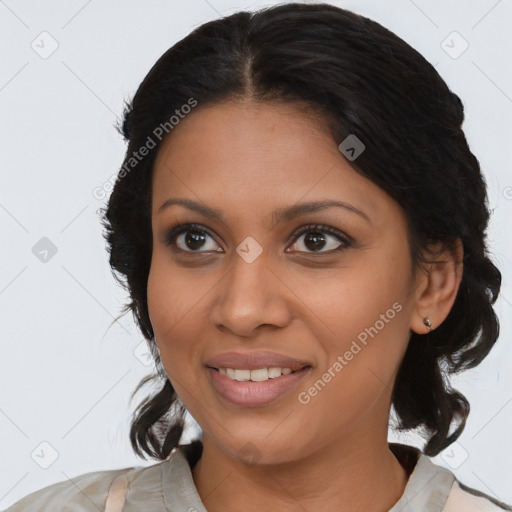 Joyful black young-adult female with medium  black hair and brown eyes