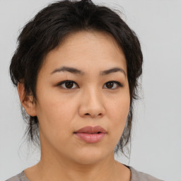 Neutral asian young-adult female with medium  black hair and brown eyes