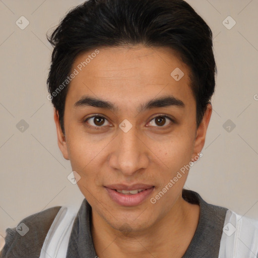 Joyful latino young-adult male with short  brown hair and brown eyes