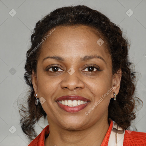 Joyful black young-adult female with medium  brown hair and brown eyes