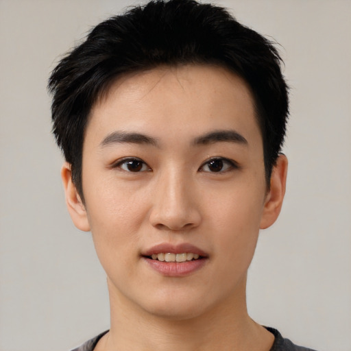 Joyful white young-adult female with short  black hair and brown eyes