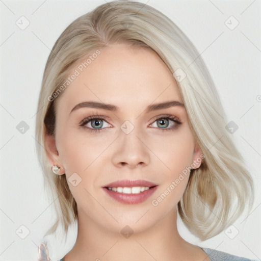 Joyful white young-adult female with medium  brown hair and blue eyes