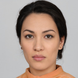 Neutral asian young-adult female with medium  black hair and brown eyes