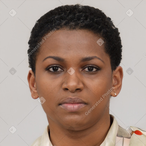 Neutral black young-adult female with short  black hair and brown eyes