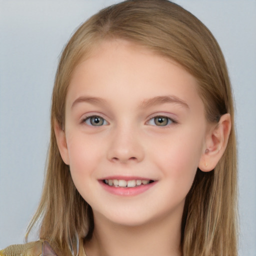 Joyful white child female with long  brown hair and blue eyes