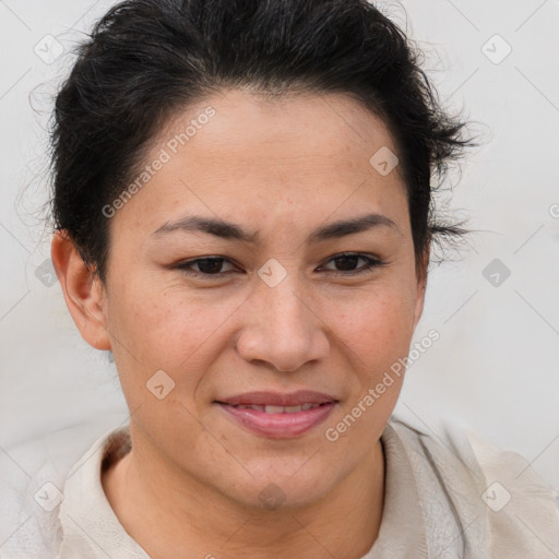 Joyful latino young-adult female with short  brown hair and brown eyes