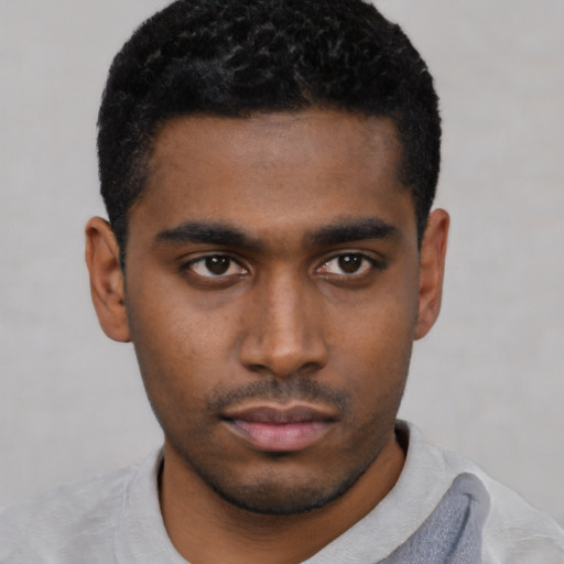 Neutral black young-adult male with short  black hair and brown eyes