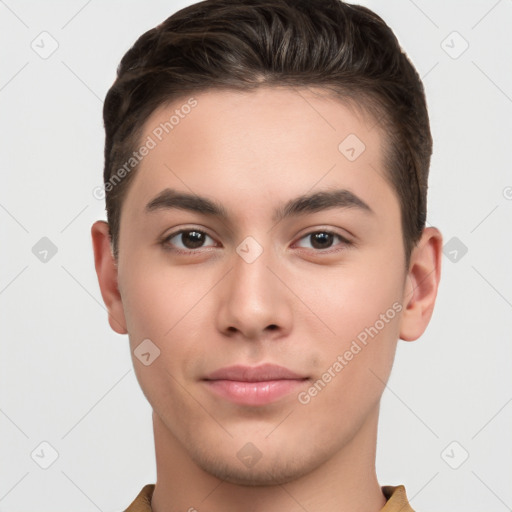 Neutral white young-adult male with short  brown hair and brown eyes