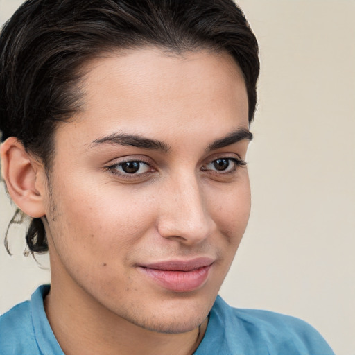 Joyful white young-adult female with medium  brown hair and brown eyes