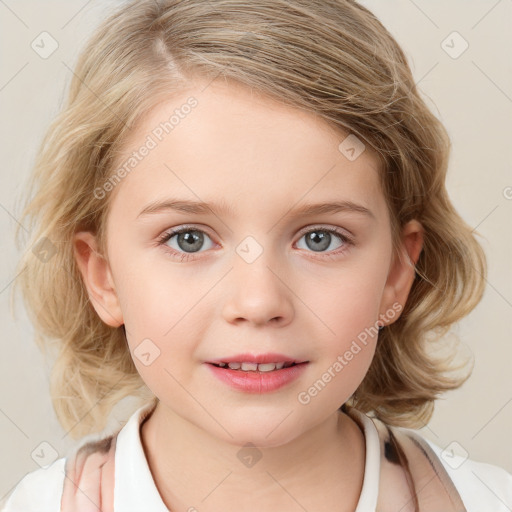 Joyful white child female with medium  brown hair and blue eyes