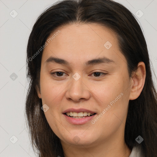 Joyful white young-adult female with medium  brown hair and brown eyes