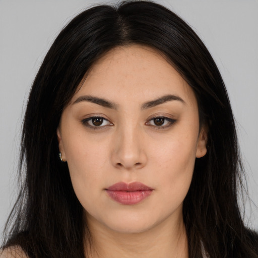 Neutral asian young-adult female with long  black hair and brown eyes