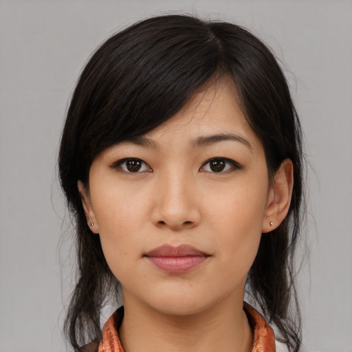 Neutral asian young-adult female with medium  black hair and brown eyes