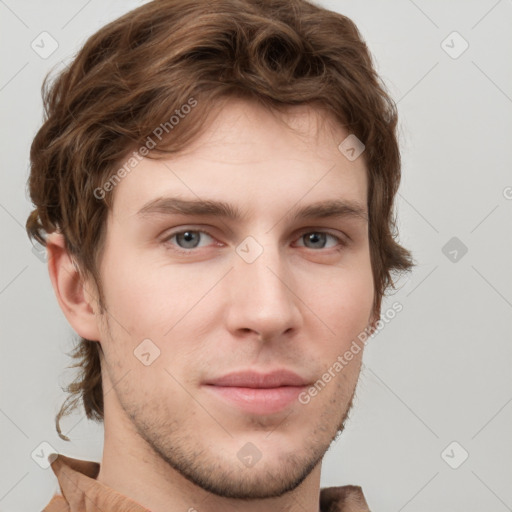 Neutral white young-adult male with short  brown hair and grey eyes