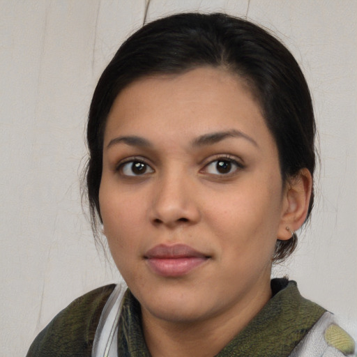Neutral latino young-adult female with medium  black hair and brown eyes