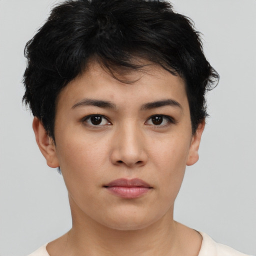 Neutral asian young-adult female with short  brown hair and brown eyes