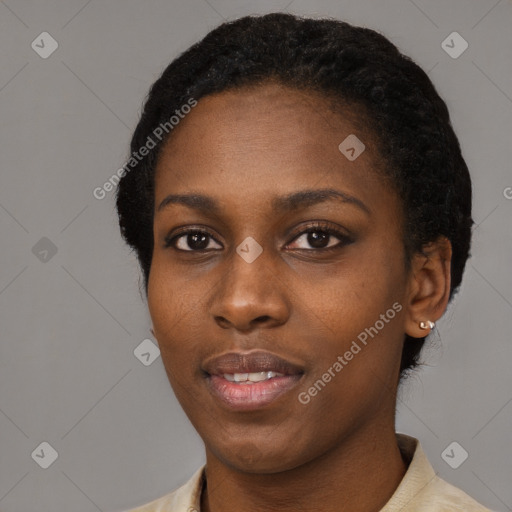 Neutral black young-adult female with short  black hair and brown eyes