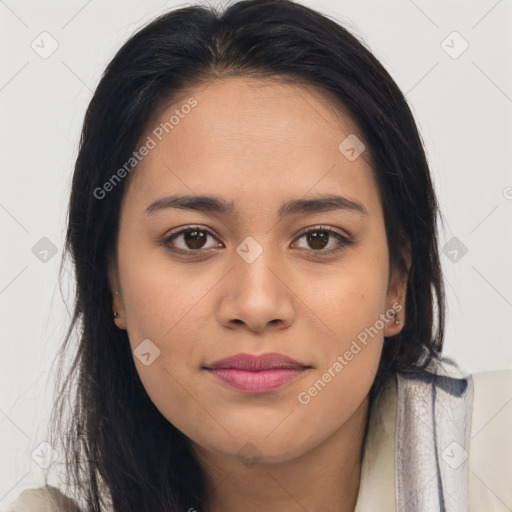 Joyful asian young-adult female with long  brown hair and brown eyes