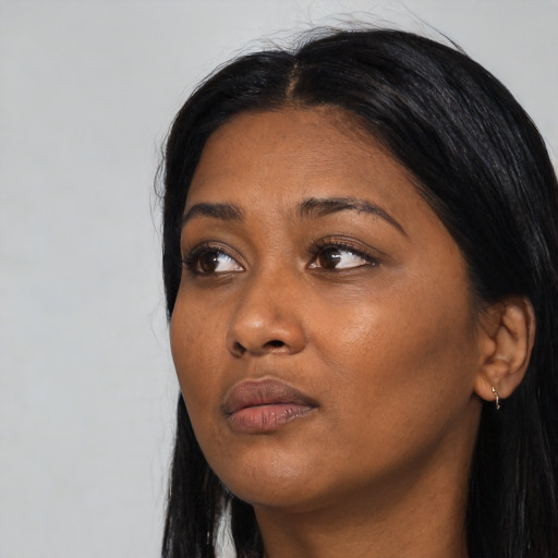 Neutral asian young-adult female with long  black hair and brown eyes