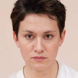 Neutral white young-adult female with short  brown hair and brown eyes