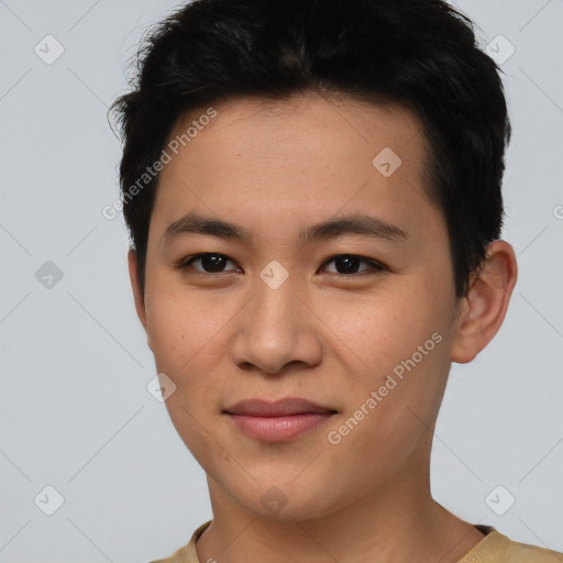 Joyful asian young-adult male with short  black hair and brown eyes