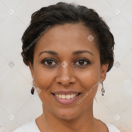 Joyful latino young-adult female with short  brown hair and brown eyes