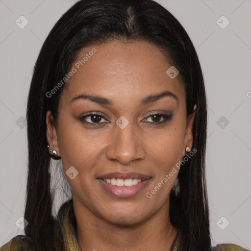 Joyful black young-adult female with long  brown hair and brown eyes