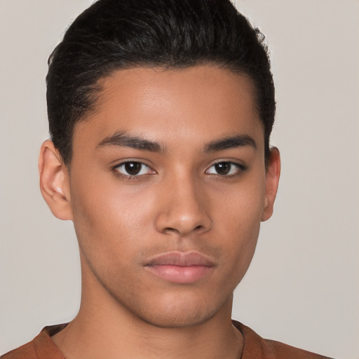 Neutral latino young-adult male with short  brown hair and brown eyes