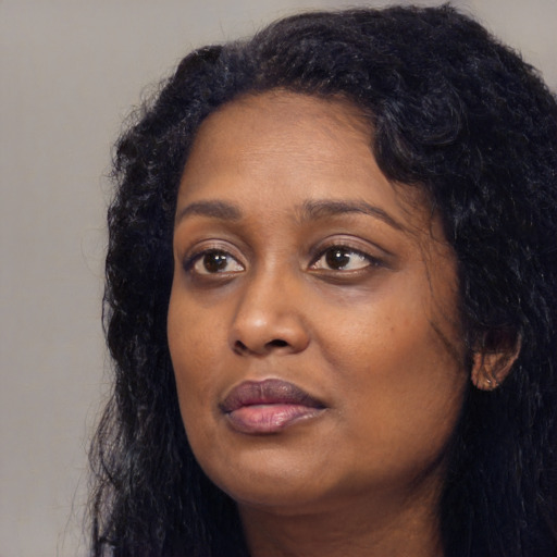 Neutral black adult female with long  black hair and brown eyes