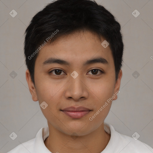 Joyful asian young-adult male with short  black hair and brown eyes